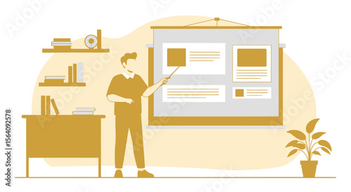 Animated Presentation: Man Showing Data On Projector In Cozy Golden Room