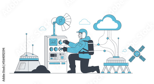 Astronaut Connects Terrestrial Station To Cloud Data Illustration