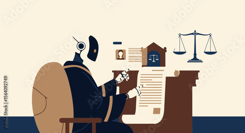 Automated Justice Robot Judge Concept With Scale Courthouse And Legal Paperwork