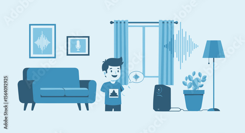 Boy Talking To Voice Controlled Device At Home In A Blue Themed Room