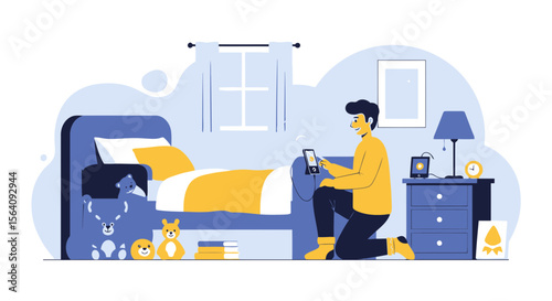Boy Using Tablet Before Sleeping In Kids Room With Bedside Lamp