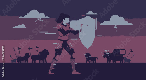 Brave Female Warrior Protecting Against Challenges In A Stylized Landscape