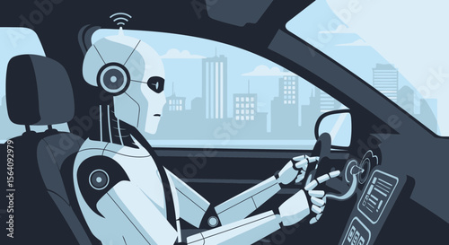 Automated Transportation Future Humanoid Robot Driving Car In Urban Environment