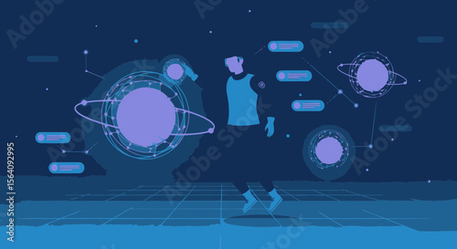 Astronaut Experiencing Virtual Reality Galaxy Travel In Futuristic Cyberspace World