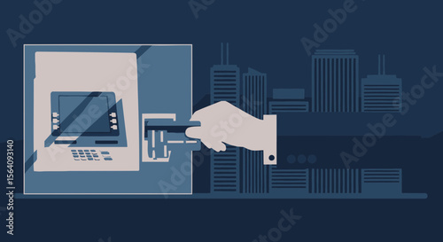 Automated Teller Machine Financial Transaction With Cityscape Background Illustration