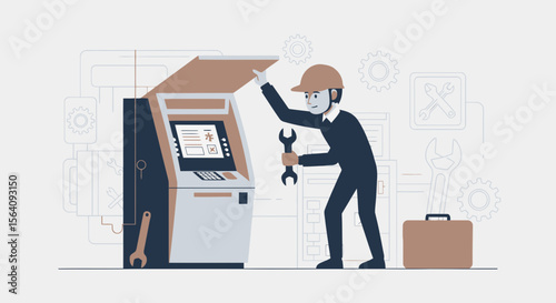 Automated Teller Machine Technician Repairing Malfunctioned Atm Banking Machine
