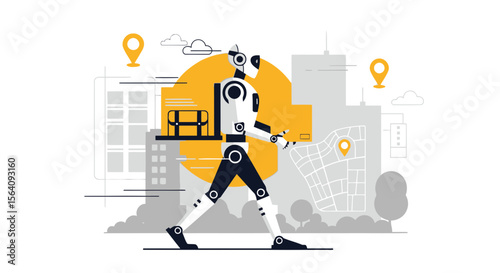 Automated Urban Delivery Robot Delivering Package In Futuristic City Environment