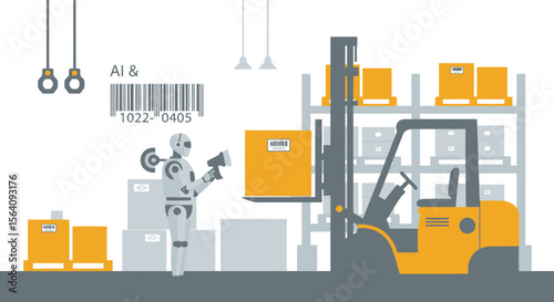 Automated Warehouse System Robot And Forklift Handling Boxes In Distribution Center