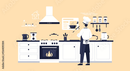 Chef Preparing Culinary Delights In A Modern Kitchen Setting Vector Illustration
