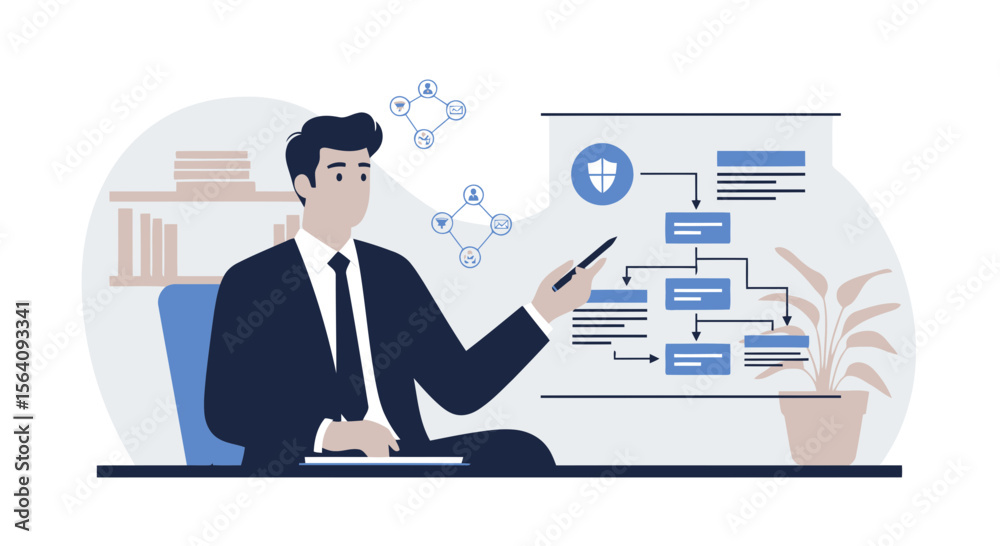Fototapeta premium Businessman Presenting Data Security Flowchart During A Corporate Strategy Meeting
