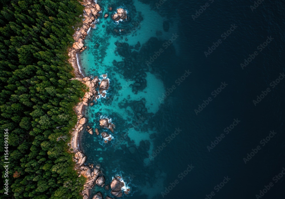 Fototapeta premium Aerial view of a lush forest meeting turquoise waters and rocky shoreline