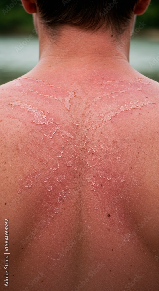 Fototapeta premium Sunburned back of young man showing skin irritation after beach 
