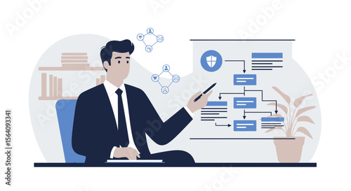 Businessman Presenting Data Security Flowchart During A Corporate Strategy Meeting