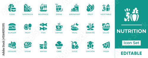 Nutrition Icon Set. Features icons of healthy food, vitamins, meal planning, diet, organic produce, and nutrients. Perfect for wellness, healthcare, and food content.