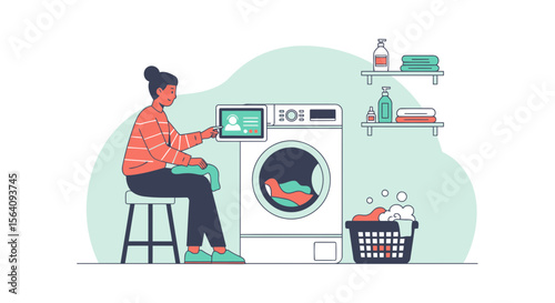 Connected Laundry: Woman Using Smart Washing Machine With Digital Interface