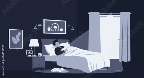 Comfortable Man Listening Music Before Sleeping In Dark Bedroom Late At Night