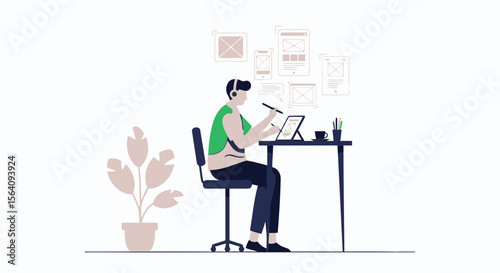 Creative Designer Working On App Interface Design At Desk With Modern Devices