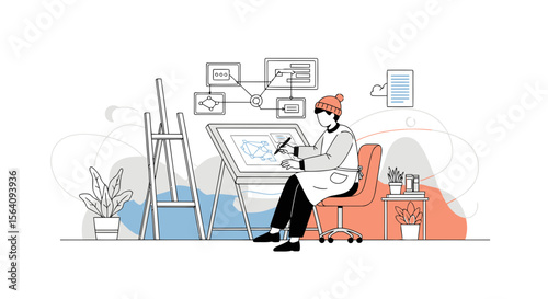 Creative Artist Working On A Digital Painting In Modern Studio Environment