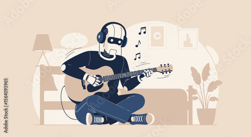 Creative Robot Playing Acoustic Guitar At Home For Relaxing Or Hobby