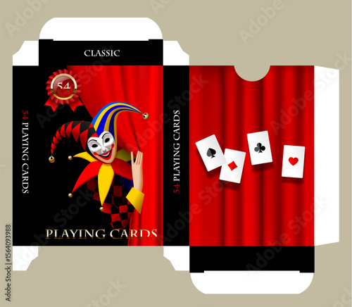 Playing cards tuck box template with colorful 3D Joker, gold letters and red curtain on black background. Vector illustration