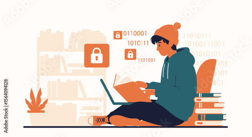 Cybersecurity Education At Home Young Man Reading A Book About Security
