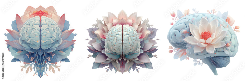 Obraz premium Three brains surrounded by lotus flowers, symbolizing mental growth and health, isolated on transparent background