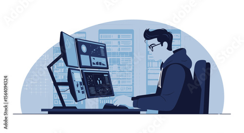 Data Analysis By Young Developer Using Multiple Computer Screens And Servers