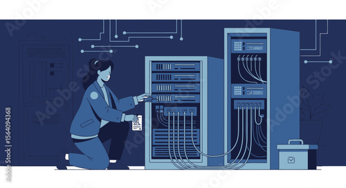 Data Center Technician Maintaining Server Racks For Cybersecurity Network Architecture