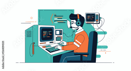 Dedicated Coder Working At A Terminal With Multiple Monitors In A Workplace