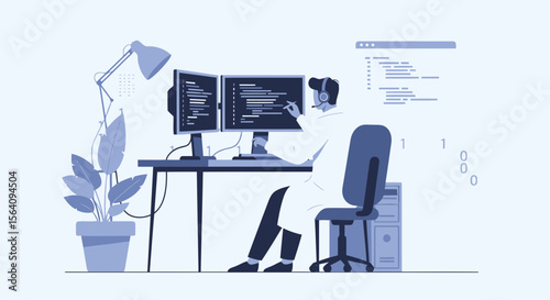 Dedicated Coder At Computer Working Professionally On Software Project