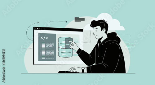Database Management Illustration Young Programmer Working on Server Management System