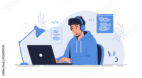Dedicated Coder Focused on Work Programming With Laptop and Headset