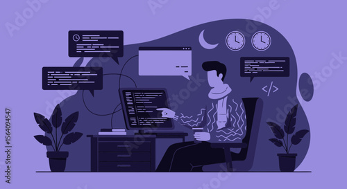 Dedicated Coder Working Late Hours For Software Development In Dark Room