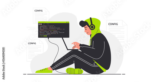 Dedicated Young Coder Focused On The Screen Creates Config While Listening To Music