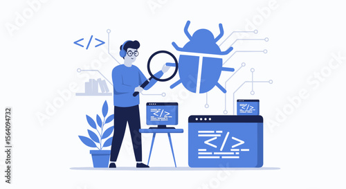 Developer Inspects Code, Debugging Software With Magnifying Glass Illustration