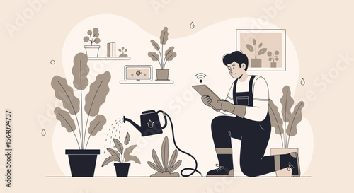 Digital Gardening Modern Gardener Watering Plants While Using A Tablet Device