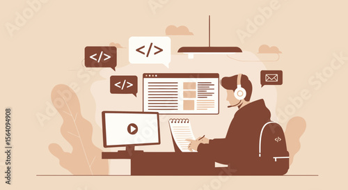 Developer Working On Project With Headphones At Desk Coding Learning Online
