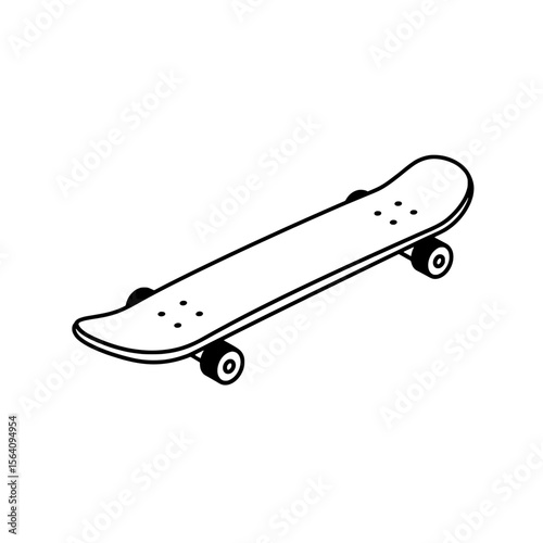 Skateboard on white background: Simple outline of skateboard. Showcasing its form. Perfect for minimalist concepts and conveying motion or leisure themes. 