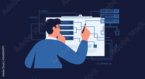 Engineer Planning Server Infrastructure Architecture On Clipboard Illustration