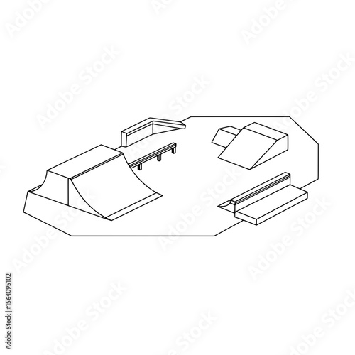 Skatepark Blueprint: A minimalist blueprint design of a skatepark layout, with ramps, rails, and other essential features meticulously depicted, inviting skaters to envision their next trick.