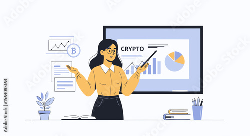 Female Crypto Broker Giving Presentation About Blockchain Technology Investment