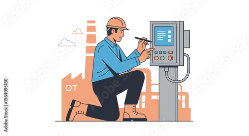Engineer Managing The Factory Control System Via The Touch Panel Display