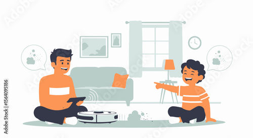 Father And Son Watch Robot Vacuum At Work Making Cleaning Fun Together Home