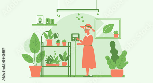 Elderly Woman Managing Automated Indoor Garden Setup with Modern Technology