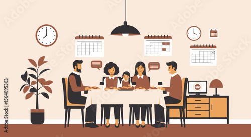 Family Having Meal Together Planning Upcoming Events Discussing Holiday On Table