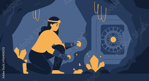Female Miner Unearthing Treasure Cave Discovery Finding Precious Crystals