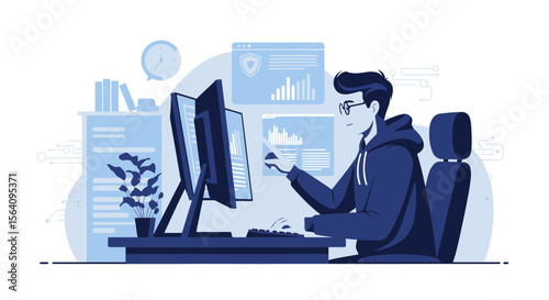 Focused Developer Working With Data Visualizations On Multiple Monitors