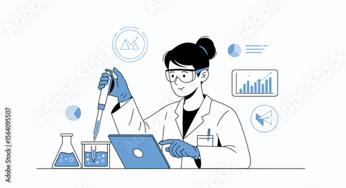 Female Scientist Analyzing Data In Lab Illustration And Conducting Research