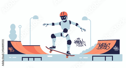 Futuristic Adventures Of Skateboarder Robot In The Skatepark City Flat Style