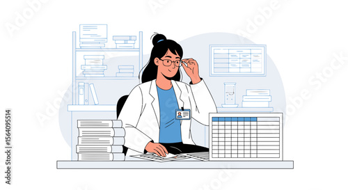 Female Scientist Working At Her Desk In A Laboratory Examines Data Charts